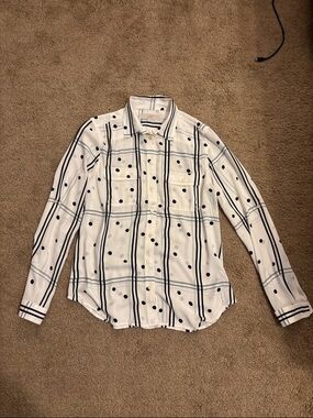 LOFT White Button-Down Shirt with Navy Windowpane & Black Polka Dots